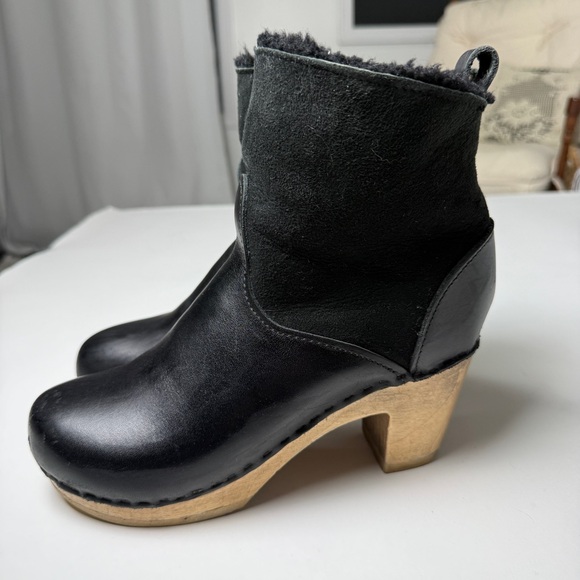 No. 6 Pull-on Shearling Wood Clog Boots on Mid Heel Black Suede Women's 39 8.5 - Picture 6 of 11